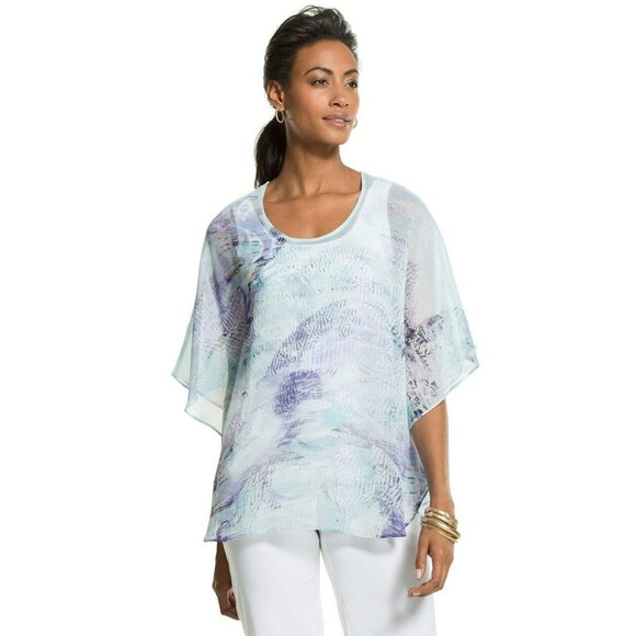 Chico’s Harmony Poncho Blue Multicolor Semi Sheer Abstract Print  S/M + Tank Top - Picture 6 of 6